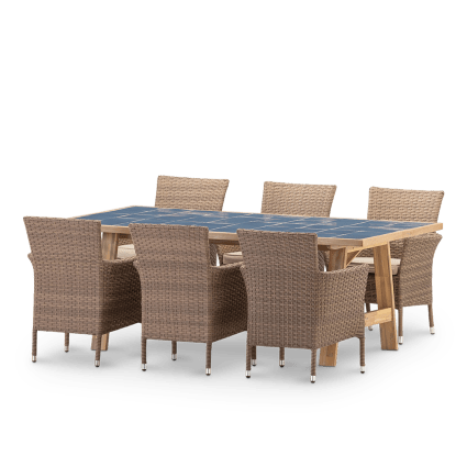 Set tavolo ceramica blu 205x105 sedie rattan sintetico Bisbal