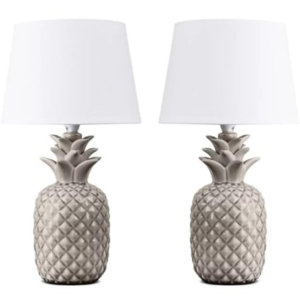 Tischlampe Ananas-Design – Keramikfuß Silber, Textilschirm Weiß, 43 Cm Hoch, Inkl. LED-Leuchtmittel