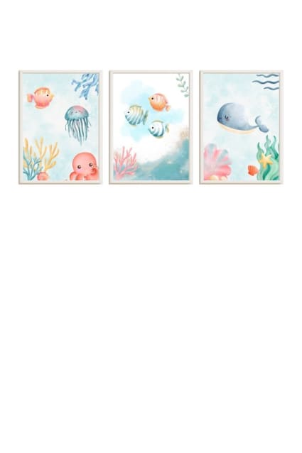 Pack cuadros infantiles peces, medusa y ballena multicolor 43x33