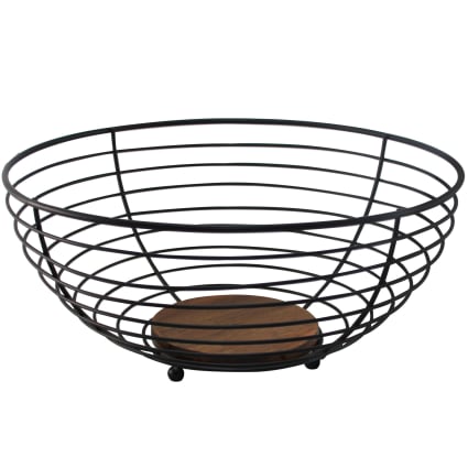 Lot De 2 Corbeilles En Métal Noir Avec Base En Bois – Idéal Pour Rangement Salle De Bain, Cuisine – Dimensions 25x10x7,5 Cm