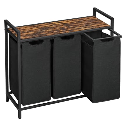 Panier à linge 3 compartiments tissu Oxford effet bois noir