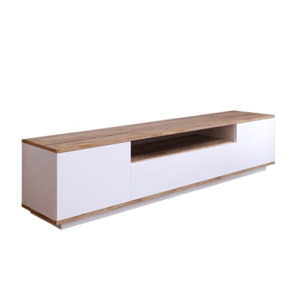 Mobile TV Moderno Bianco Lucido Con Effetto Legno E Ripiani In Vetro, 180 Cm - Per Soggiorno Elegante E Funzionale