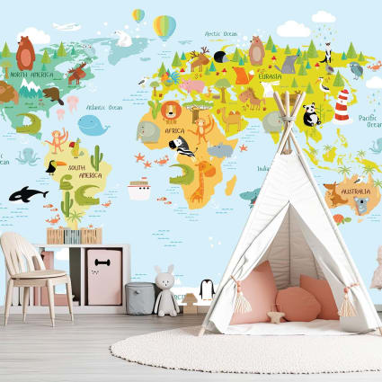 Mantiburi – Stampa Su Tela Mappa Del Mondo Per Bambini – 70x50 Cm – Illustrata, In Tedesco, Con Telaio In Legno