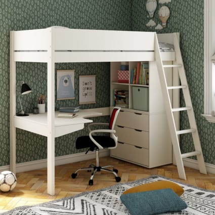 Letto A Soppalco Per Bambini Con Scrivania E Scale Contenitore - Misure 90x200 Cm, Legno Massello + MDF, Colore Bianco