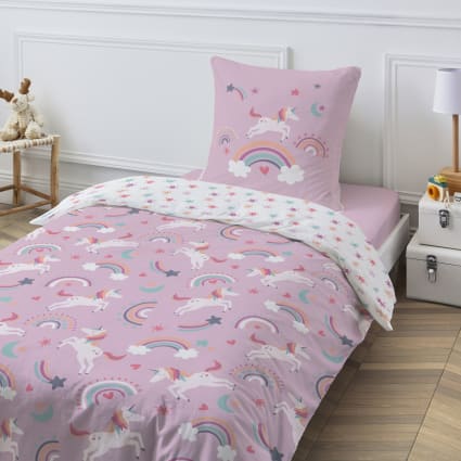 CÔTE DECO Parure De Lit Enfant Réversible Licorne Et Danseuse Rose - Housse De Couette 140x200cm + Taie 63x63cm En 100% Coton Bio