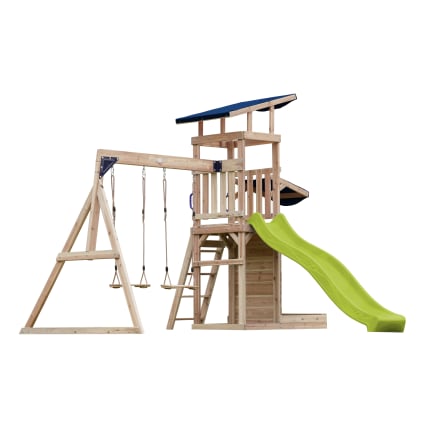 Parco giochi in legno FSC grigio con scivolo, altalena, giallo