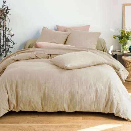 Housse De Couette Gaze De Coton 220x240 Cm + 2 Taies 63x63 Cm - Beige, Double Face, Douce Et Respirante