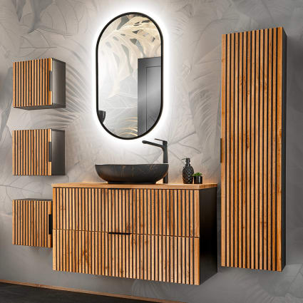 Set Mobili Bagno 11 Pezzi Con Lavabo E Rubinetto Nero - Mobiletto, Pensili, Specchi, Ripiani