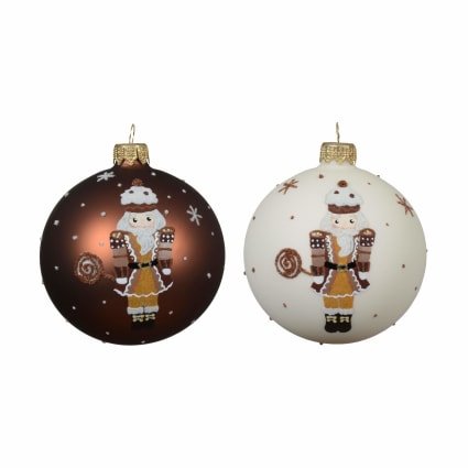 2er Set Weihnachtskugeln aus Glas, Ø 8 cm, weiß und braun