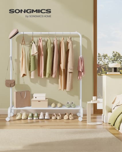 Portant Vêtements Roulant Avec Double Barre Et Roulettes - Rangement Mobile Pour Chambre, Dressing, Buanderie - Acier Et PP Robuste
