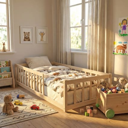 Lit Au Sol Montessori 90x200 Cm En Pin Massif - Lit Enfant Avec Barrières De Sécurité, 2 Entrées