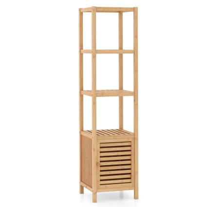 Armoire Salle De Bain En Bambou - 4 étagères, Porte à Lamelles, 34x33x170 Cm