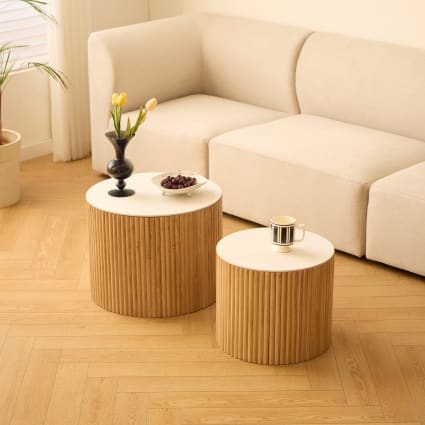 Couchtisch (2er Set) mit Stauraum aus Holz und Marmoreffekt