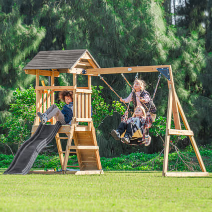 AXI Beach Tower Aire de Jeux avec Toboggan en gris, Balançoire Nid d'oiseau vert & Bac à Sable | Grande Maison enfant extérieur - Jeux - Jouets