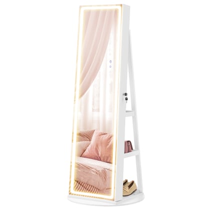HOMASIS Armoire à Bijoux 3 En 1 Avec Miroir Intégral - Miroir Rotatif à 360° Avec Serrure - Rangement De Bijoux Avec Lumières LED - Organisateur De