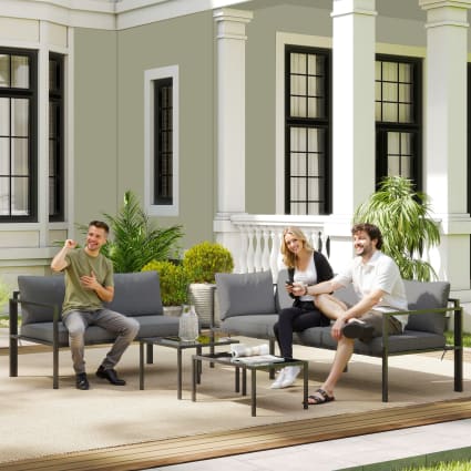Salon De Jardin 2 Personnes Avec Table – Chaises Textilène, Coussins Lavables, Verre Trempé, Cadre Acier Gris