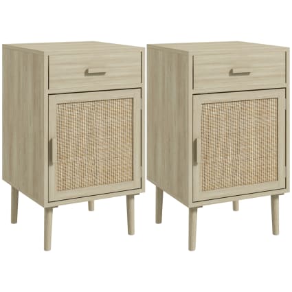 ChooChoo Set Di 2 Comodini In Rattan E Legno Boho Bianco Con Cassetti E Stazione Di Ricarica USB E Prese – Perfetti Per Camera Da Letto E Piccoli Spazi