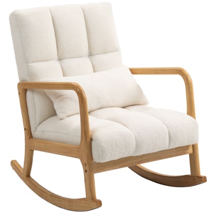 Poltrona A Dondolo Sedia A Dondolo HOMCOM Minimal - Legno Di Caucciù Con Cuscini Pile, Bianco Crema 60x81x71 Cm Sedia Soggiorno Design Minimal - 3