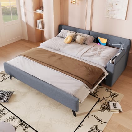 Letto Singolo Estraibile 90x200 Cm, Divano Letto In Lino Grigio Minimalista Con Luce LED - Per Camera Piccola E Stile Moderno