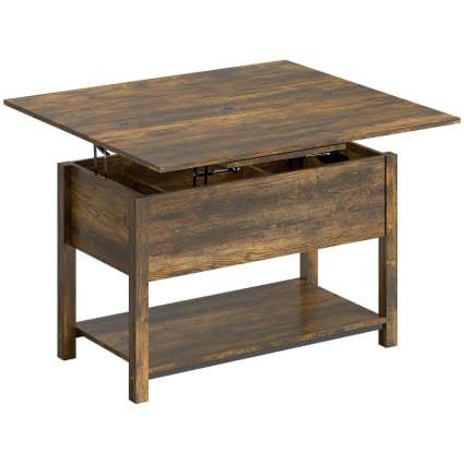 Table Basse avec 2 Plateaux Relevables 110 x 49 x 42 CM avec 2 Compartiments Cachés et 5 Pieds en Bois Massif Capacité de 106 kg Marron