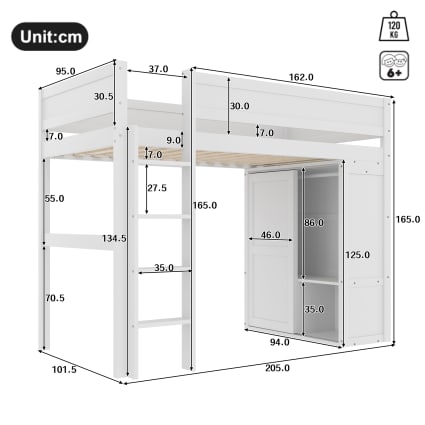 Hochbett aus Kiefernholz mit Kleiderschrank 90x200 cm，weiß