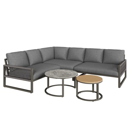 Juego De Salón De Jardín De 4 Plazas Con 2 Sofás Dobles, 2 Mesitas Y Mesa Central, Cojines Incluidos, Estructura De Acero Galvanizado Y Madera De Acacia, Color Gris