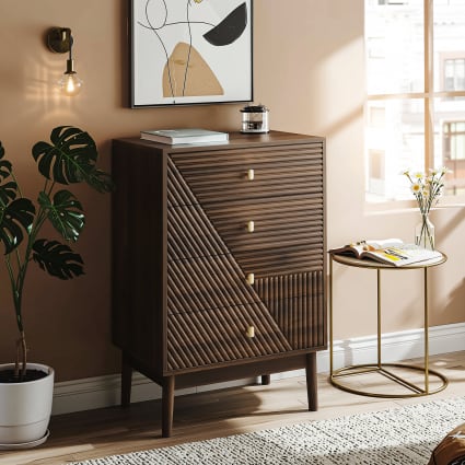 Skandinavische Kommode mit 4 Schubladen, Holzoptik, Braun