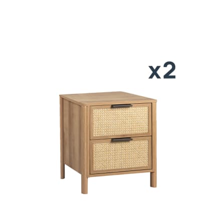 ChooChoo Set Di 2 Comodini In Rattan E Legno Boho Bianco Con Cassetti E Stazione Di Ricarica USB E Prese – Perfetti Per Camera Da Letto E Piccoli Spazi