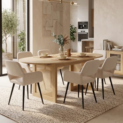 Ausziehbarer Esstisch 200 cm mit 6 Stühlen, Beige & Metall