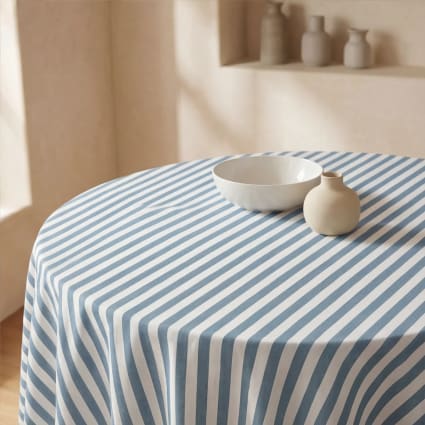 Runde fleckabweisende Tischdecke 100% Baumwolle blau und weiß 120cm Ralau