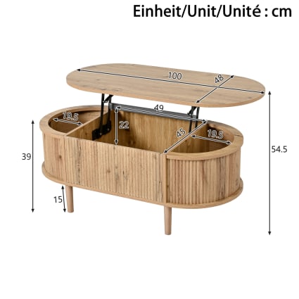 Ovaler Couchtisch Wellenoptik mit Stauraum 100 cm Eiche