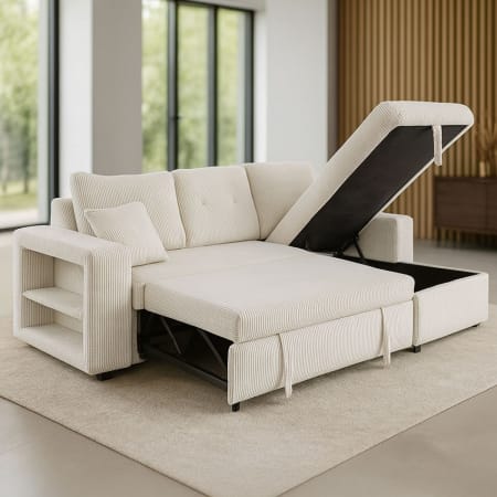 Canapé d'angle convertible 4 places coffre velours côtelé…, Concept Usine