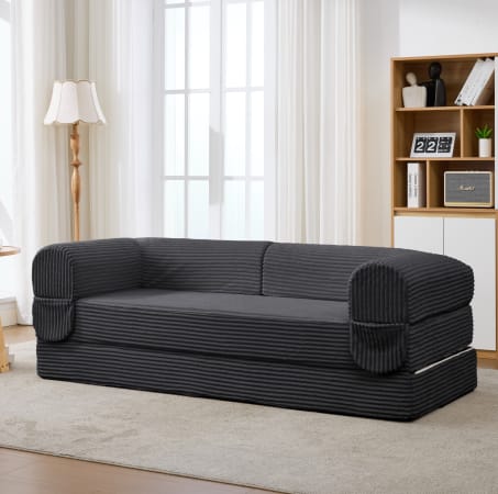 Canapé 2 places en tissu côtelé gris avec couchage, Okwish