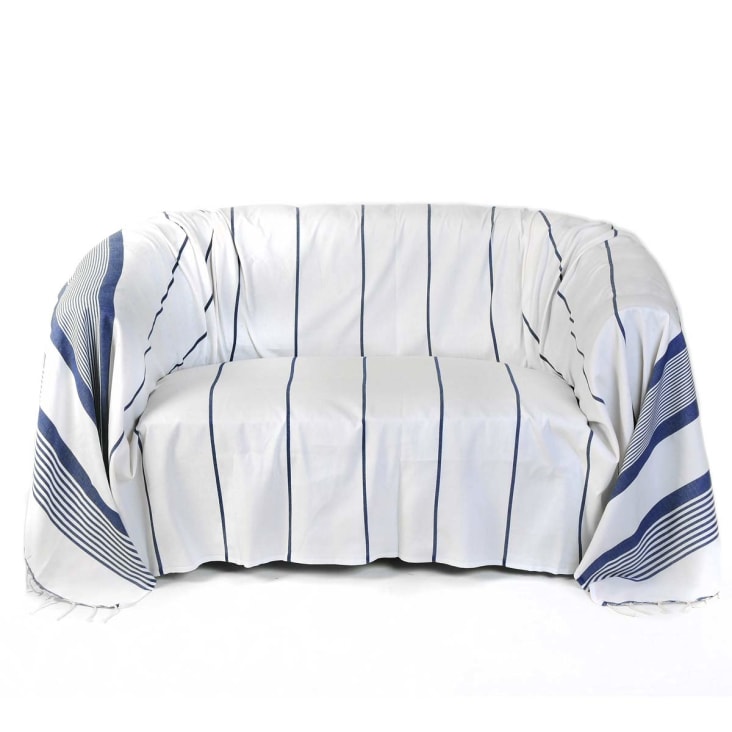 Manta para sofá de algodon, blanco  con rayas azules (200 x 300)