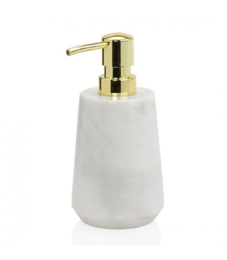 Distributeur de savon en marbre blanc et bec doré