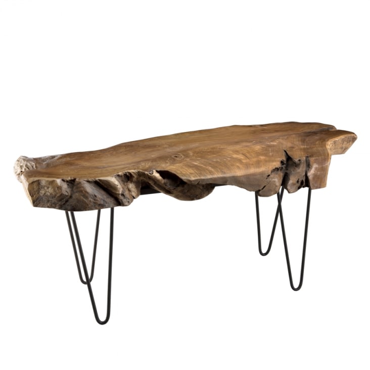 Mesa auxiliar en madera de teca de forma natural con patas de acero