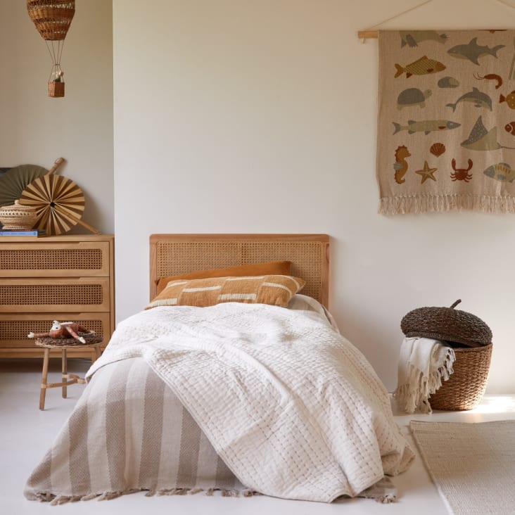 Cabecero de cama de madera y yute cama de 90 cm color marrón claro Kerlin