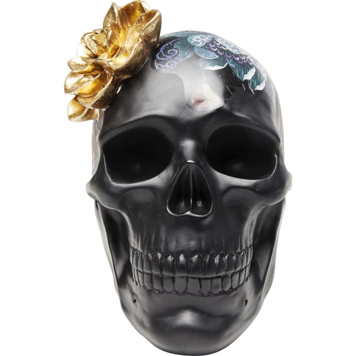 Statuette crâne fleurs en polyrésine noire