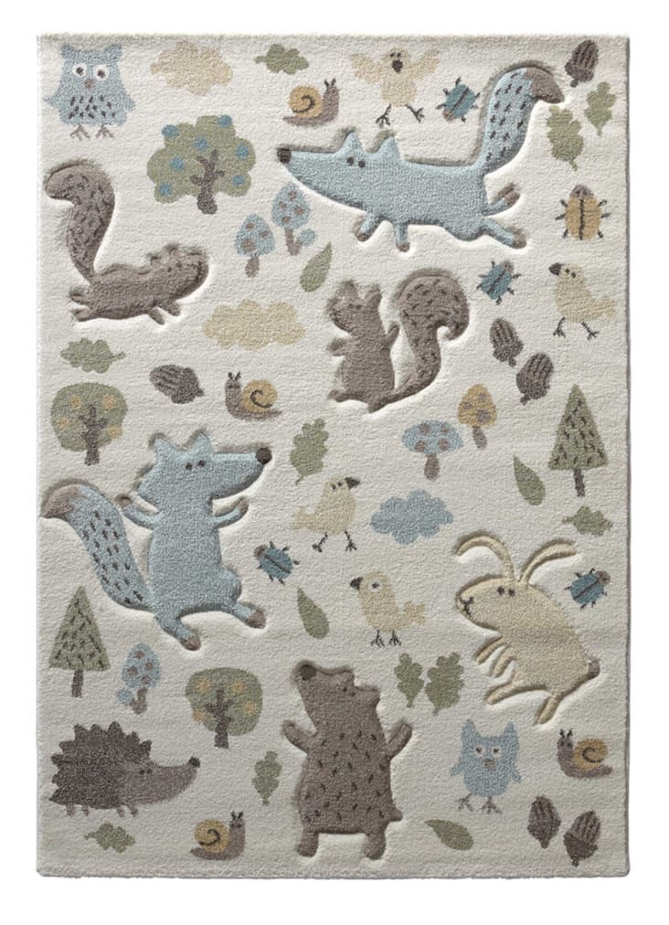Tappeto per bambini fantasia animali e foresta écru e blu 80x150 Forest