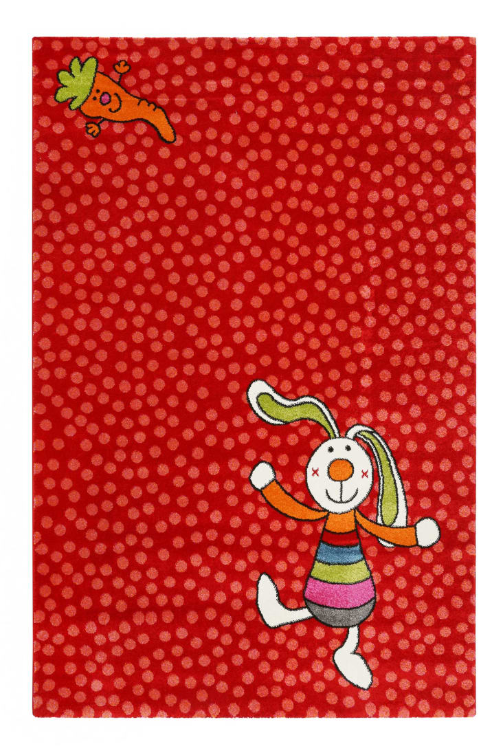 Tapis enfant motif lapin coloré sur fond pois rouge 120x170