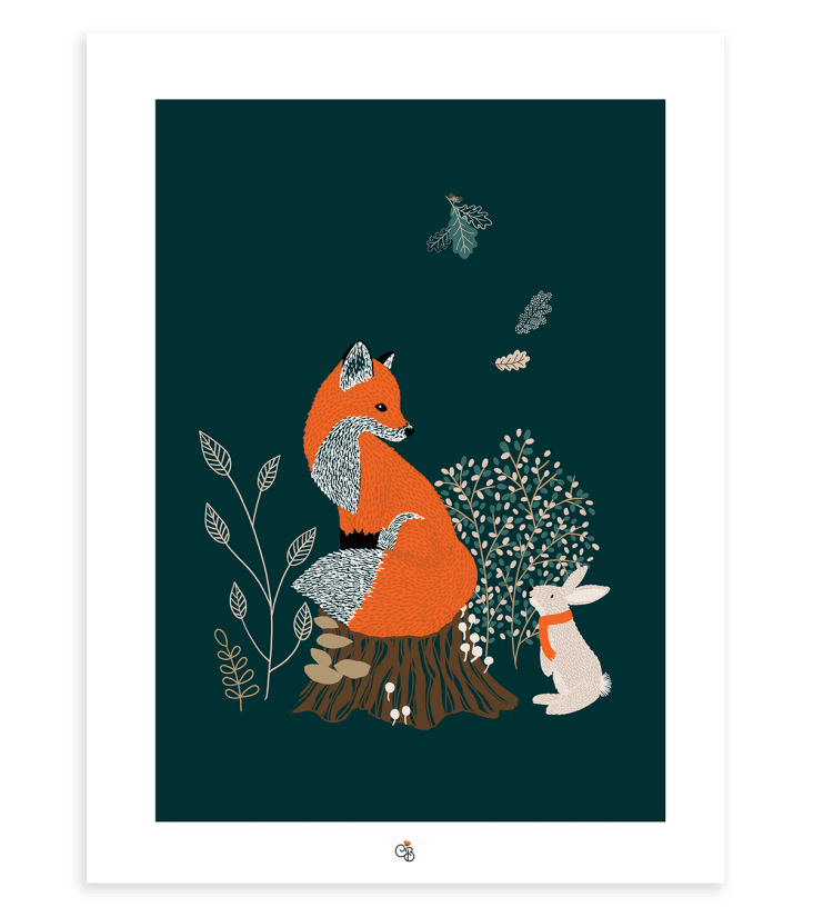 Affiche renard et lapin en papier bleu