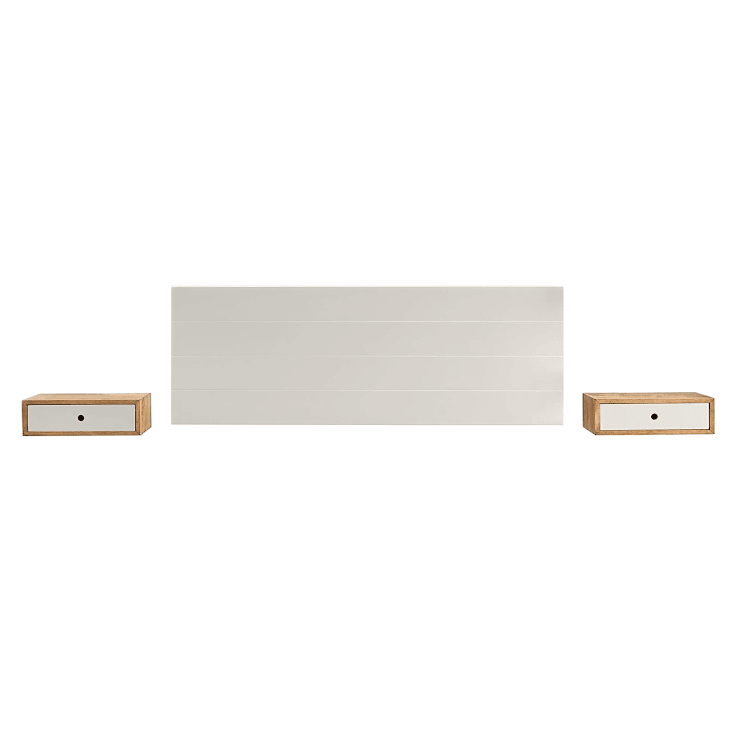 Cabecero 150cm madera blanca y 2 mesitas estantes encerado y blanco
