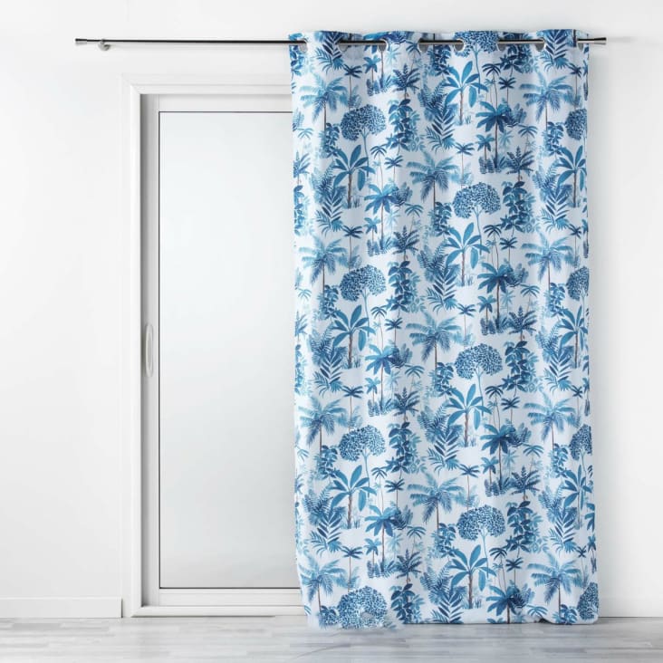 Rideau tissu jacquard blanc motif végétal bleu 140 x 260 cm