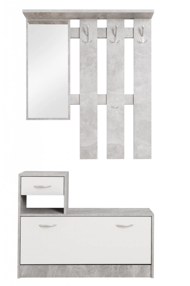 Mobile Ingresso Moderno Con Specchio - Scarpiera, Appendiabiti E Cassetto In Stile Cemento/Larice - Foto 14