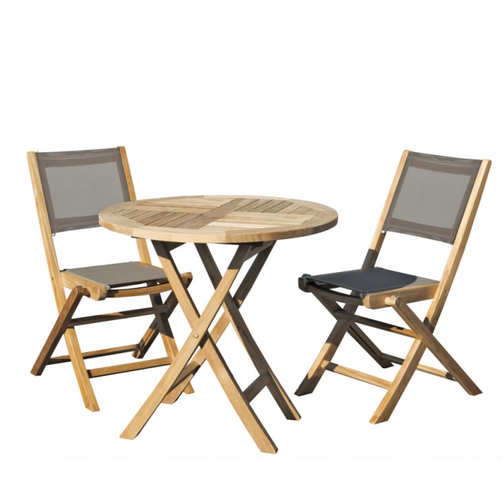 SALON DE JARDIN EN BOIS TECK 2 personnes : Ensemble de jardin - 1 Table  ronde pliante 60 cm et 2 chaises