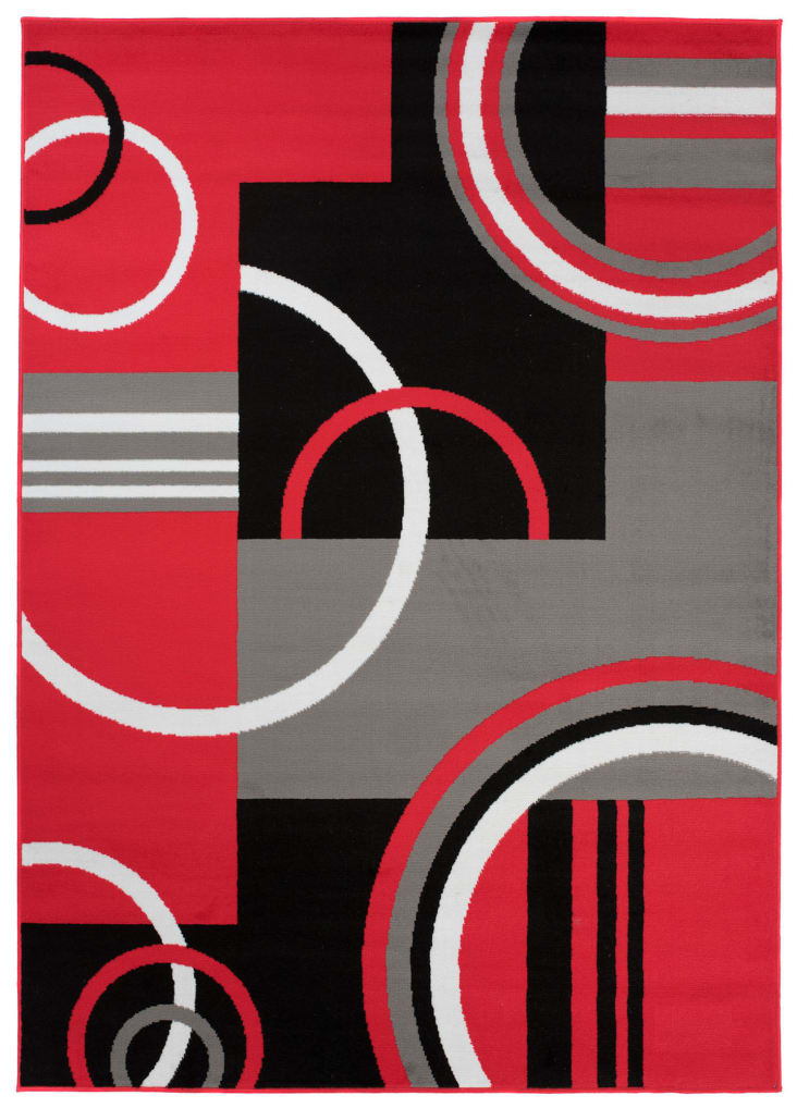 Alfombra de salón rojo gris negro blanco círculos 300 x 400 cm MAYA