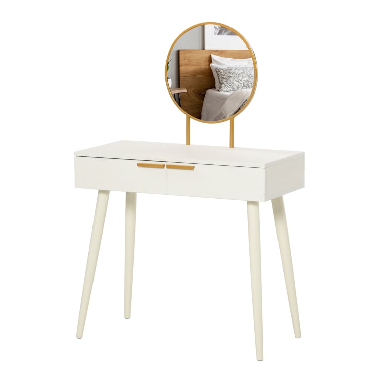 Mesa tocador madera con espejo y banco madera blanco
