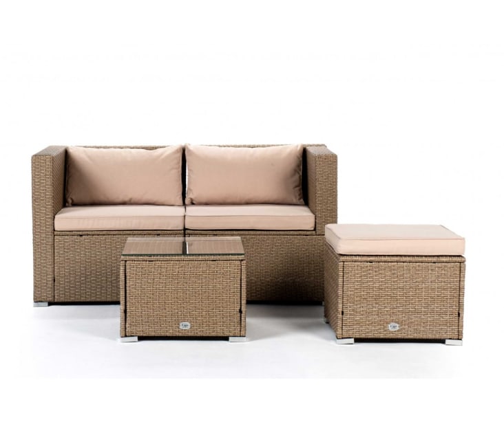 Salon De Jardin 10 Pièces En Rotin Véritable Bahama - Table Ronde + 2 Fauteuils + Banc + Coussins - Naturel