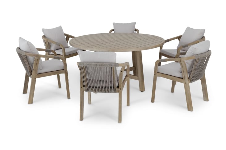 Conjunto mesa redonda jardín 150 cm y sillas de madera cuerda RIVIERA | Maisons du Monde