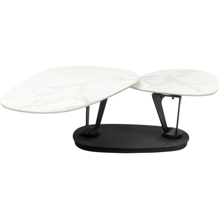 Table basse pivotante en verre effet marbre blanc et acier